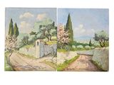 deux tableaux représentant une route de campagne avec un portail et des arbres
