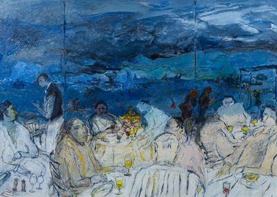 une peinture représentant un groupe de personnes assises à une table