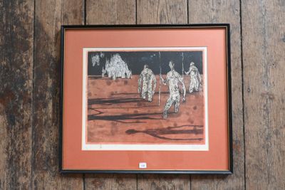 tableau représentant un groupe d'hommes à cheval sur un plancher en bois