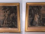 two framed paintings of a woman and a man in a wooded setting