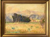 un tableau représentant un champ avec des arbres et des montagnes en arrière-plan