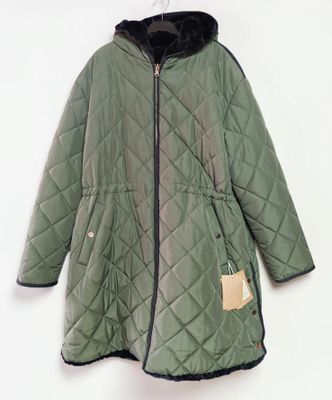the jacket is green and black with a hood on it