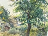 a picture of a painting of a tree in a field