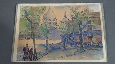 tableau représentant une scène de rue avec une calèche et des bâtiments