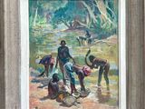 une peinture à l'huile représentant un groupe de personnes se lavant les mains dans une rivière