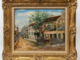 an oil painting of a street scene with buildings and a tree