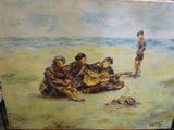 un tableau représentant un groupe de personnes assises sur une plage