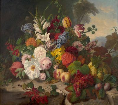 une image représentant un tableau où l'on voit des fleurs et des fruits posés sur une table