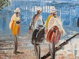 painting of a group of people walking down a street with umbrellas