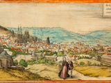 an old painting of a town with a castle in the background