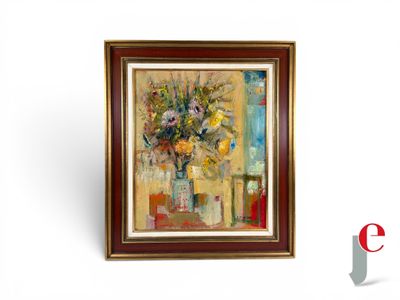peinture d'un vase de fleurs sur une table dans une pièce