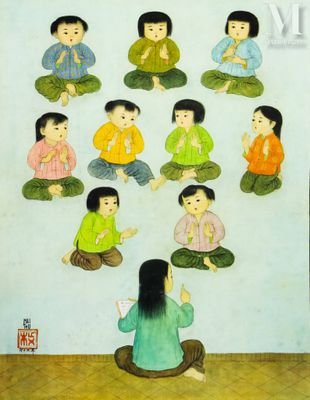 une image représentant un tableau où l'on voit des enfants assis par terre devant un mur