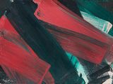 abstract painting of red, black, and green brush strokes on a white background