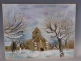 un tableau représentant une grange sous la neige accroché au mur