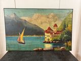 a painting of a sailboat on a lake with a castle in the background