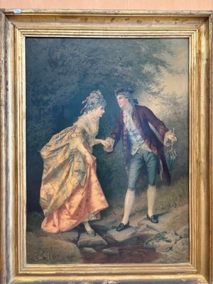 tableau représentant un homme et une femme dansant dans un décor boisé
