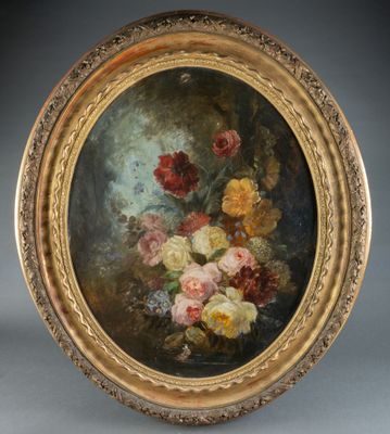 a painting of flowers in a gold frame on a grey background