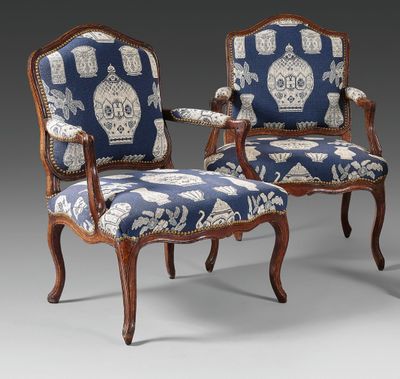 a pair of louis ii style walnut armchairs with blue upholstered upholstered upholstered upholstered upholstered upholstered upholstered