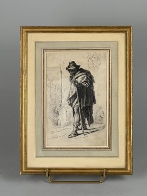 un dessin représentant un homme coiffé d'un chapeau et vêtu d'une cape, debout devant un bâtiment
