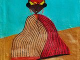une peinture à l'huile représentant une femme vêtue d'une robe rouge et d'un chapeau jaune