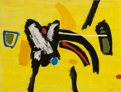 an image of a painting of a black and white bird on a yellow background