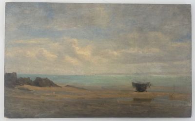 une peinture d'un bateau sur la plage au bord de l'eau