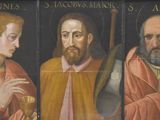 three paintings of a man with a beard and a woman with a glass of wine