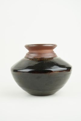 a black vase sitting on a white surface with a white background