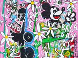 a picture of a painting of a panda bear and flowers