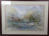 aquarelle encadrée représentant un paysage avec une rivière et des arbres