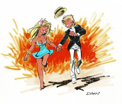 drawing of a man and a woman holding hands and dancing