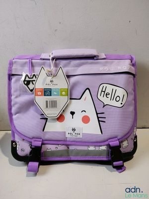 a purple suitcase with a cat sticker on it