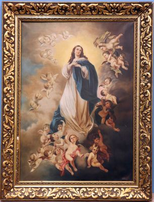 a painting of the virgin surrounded by angels and chers