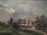 an oil painting of a windmill in a field with a dirt road