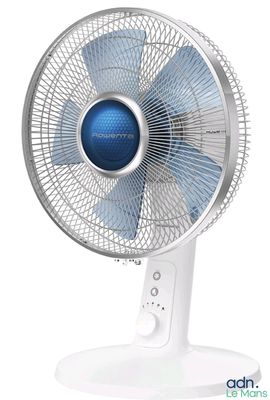 a close up of a white table fan on a stand
