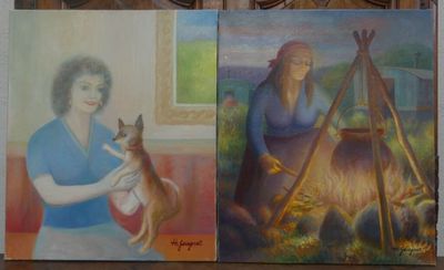 tableau représentant une femme tenant un chien et un chat devant un tableau représentant une femme et un chat