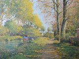 a painting of a boat on the water in the woods