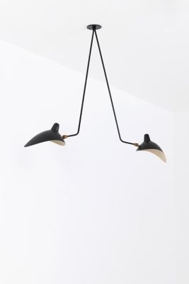 two black and white lamps hanging from the ceiling in a white room