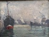 a painting of a ship in the water with other ships in the background