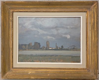 l'image d'un tableau représentant un paysage avec un château au loin