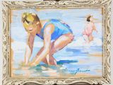 une peinture à l'huile représentant une petite fille jouant dans le sable
