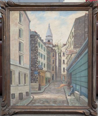 tableau représentant une scène de rue avec un homme assis sur un banc