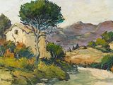 une peinture à l'huile représentant un chemin de terre avec des arbres et des montagnes en arrière-plan