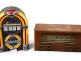 a small radio and an old fashioned radio on a table