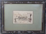 an image of a drawing of a horse drawn carriage in a frame
