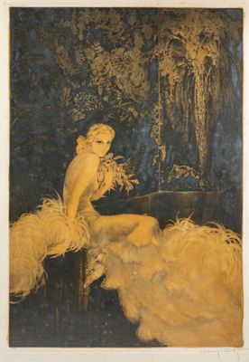 tableau représentant une femme assise par terre, un bouquet de fleurs à la main
