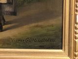 an oil painting of a woman standing in a park with a dog