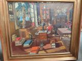 a painting of a woman sitting at a desk in a room