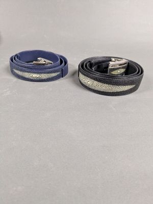 pair of blue and black leather dog leashes with silver buckles