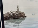 a painting of a lighthouse on a rock in the water